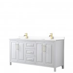 72 Inch Double Bathroom Vanity in White, White Cultured Marble Countertop, Sinks, Gold Trim