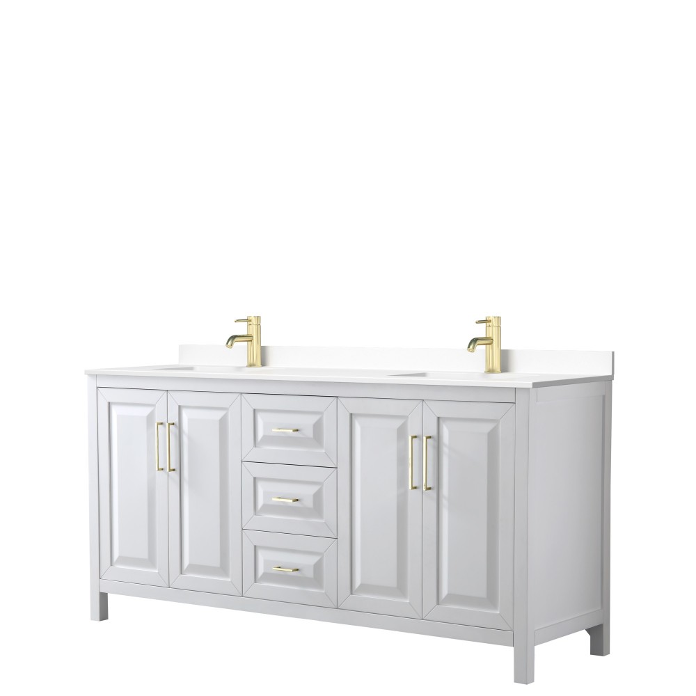 72 Inch Double Bathroom Vanity in White, White Cultured Marble Countertop, Sinks, Gold Trim