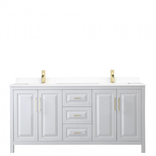 72 Inch Double Bathroom Vanity in White, White Cultured Marble Countertop, Sinks, Gold Trim