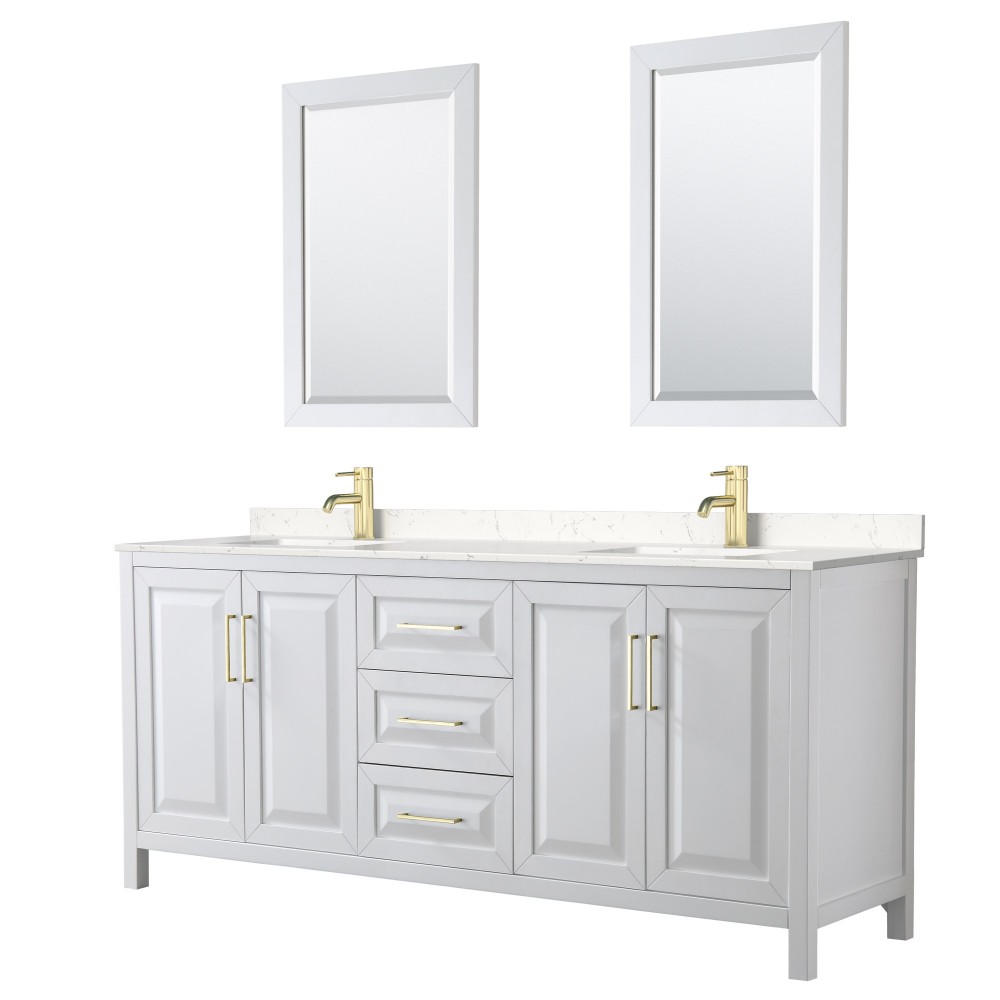 80 Inch Double Bathroom Vanity in White, Light-Vein Carrara Cultured Marble Countertop, Sinks, 24 Inch Mirrors, Gold Trim