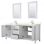 80 Inch Double Bathroom Vanity in White, Light-Vein Carrara Cultured Marble Countertop, Sinks, 24 Inch Mirrors, Gold Trim