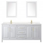 80 Inch Double Bathroom Vanity in White, Light-Vein Carrara Cultured Marble Countertop, Sinks, 24 Inch Mirrors, Gold Trim