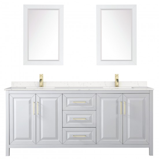 80 Inch Double Bathroom Vanity in White, Light-Vein Carrara Cultured Marble Countertop, Sinks, 24 Inch Mirrors, Gold Trim