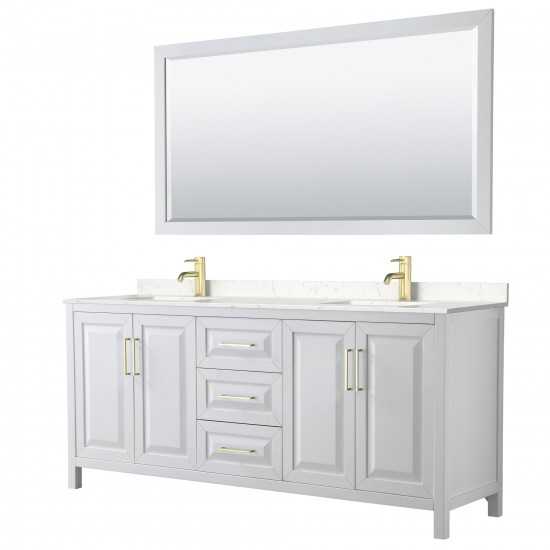 80 Inch Double Bathroom Vanity in White, Light-Vein Carrara Cultured Marble Countertop, Sinks, 70 Inch Mirror, Gold Trim