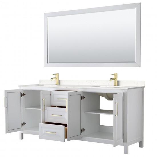 80 Inch Double Bathroom Vanity in White, Light-Vein Carrara Cultured Marble Countertop, Sinks, 70 Inch Mirror, Gold Trim