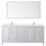 80 Inch Double Bathroom Vanity in White, Light-Vein Carrara Cultured Marble Countertop, Sinks, 70 Inch Mirror, Gold Trim