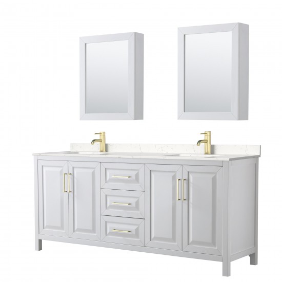 80 Inch Double Bathroom Vanity in White, Light-Vein Carrara Cultured Marble Countertop, Sinks, Medicine Cabinets, Gold Trim