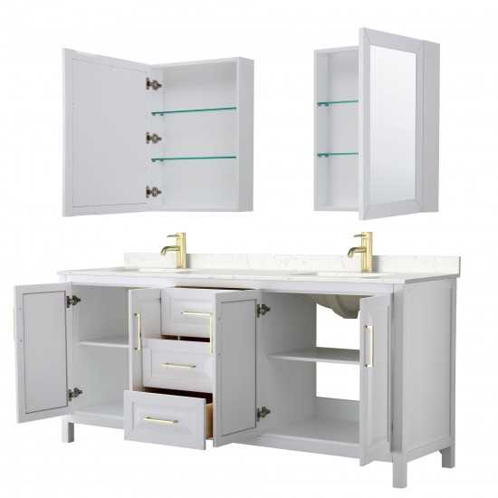 80 Inch Double Bathroom Vanity in White, Light-Vein Carrara Cultured Marble Countertop, Sinks, Medicine Cabinets, Gold Trim