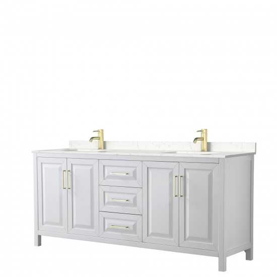 80 Inch Double Bathroom Vanity in White, Light-Vein Carrara Cultured Marble Countertop, Sinks, Gold Trim