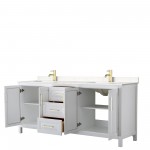 80 Inch Double Bathroom Vanity in White, Light-Vein Carrara Cultured Marble Countertop, Sinks, Gold Trim