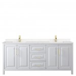 80 Inch Double Bathroom Vanity in White, Light-Vein Carrara Cultured Marble Countertop, Sinks, Gold Trim