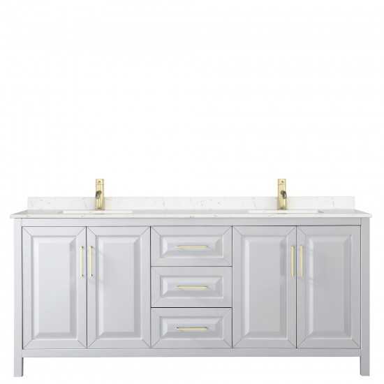 80 Inch Double Bathroom Vanity in White, Light-Vein Carrara Cultured Marble Countertop, Sinks, Gold Trim