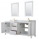 80 Inch Double Bathroom Vanity in White, White Carrara Marble Countertop, Sinks, 24 Inch Mirrors, Gold Trim