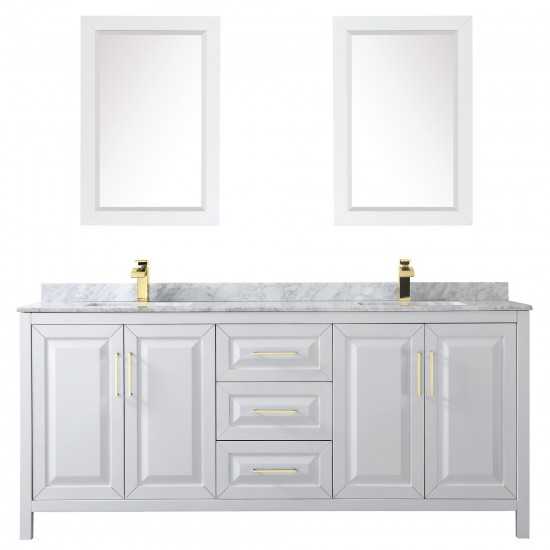 80 Inch Double Bathroom Vanity in White, White Carrara Marble Countertop, Sinks, 24 Inch Mirrors, Gold Trim