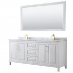 80 Inch Double Bathroom Vanity in White, White Carrara Marble Countertop, Sinks, 70 Inch Mirror, Gold Trim