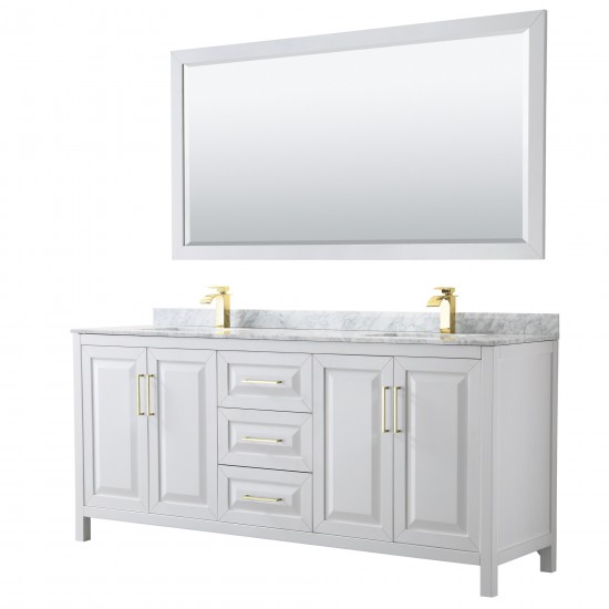 80 Inch Double Bathroom Vanity in White, White Carrara Marble Countertop, Sinks, 70 Inch Mirror, Gold Trim