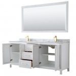 80 Inch Double Bathroom Vanity in White, White Carrara Marble Countertop, Sinks, 70 Inch Mirror, Gold Trim