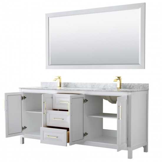 80 Inch Double Bathroom Vanity in White, White Carrara Marble Countertop, Sinks, 70 Inch Mirror, Gold Trim