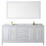 80 Inch Double Bathroom Vanity in White, White Carrara Marble Countertop, Sinks, 70 Inch Mirror, Gold Trim