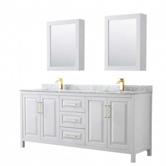 80 Inch Double Bathroom Vanity in White, White Carrara Marble Countertop, Sinks, Medicine Cabinets, Gold Trim