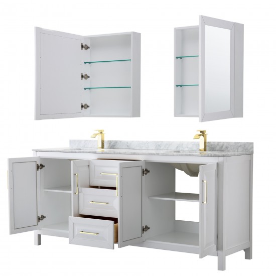 80 Inch Double Bathroom Vanity in White, White Carrara Marble Countertop, Sinks, Medicine Cabinets, Gold Trim