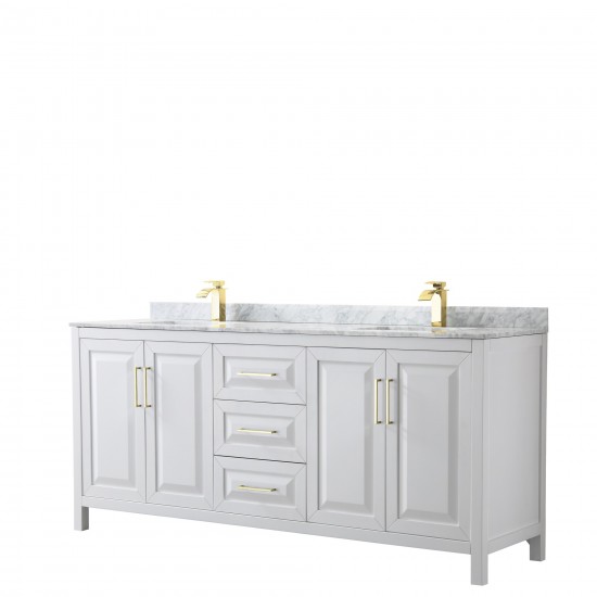 80 Inch Double Bathroom Vanity in White, White Carrara Marble Countertop, Sinks, Gold Trim