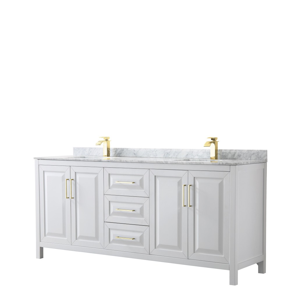 80 Inch Double Bathroom Vanity in White, White Carrara Marble Countertop, Sinks, Gold Trim