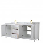 80 Inch Double Bathroom Vanity in White, White Carrara Marble Countertop, Sinks, Gold Trim