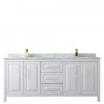 80 Inch Double Bathroom Vanity in White, White Carrara Marble Countertop, Sinks, Gold Trim