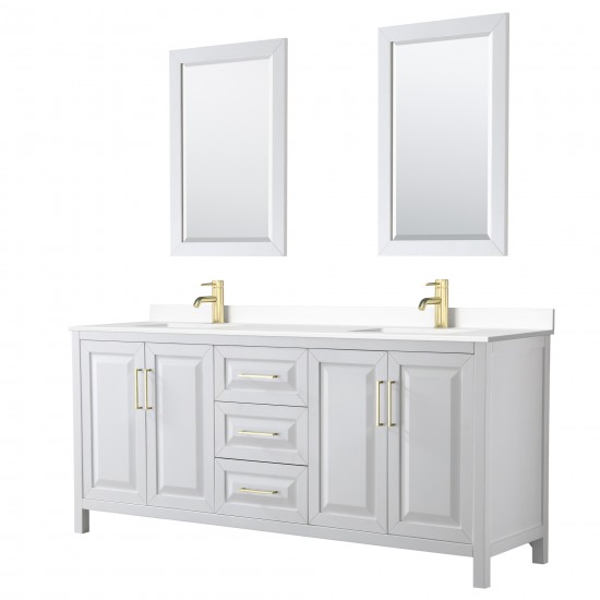 80 Inch Double Bathroom Vanity in White, White Cultured Marble Countertop, Sinks, 24 Inch Mirrors, Gold Trim