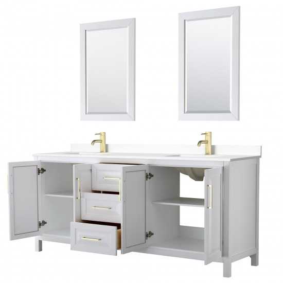 80 Inch Double Bathroom Vanity in White, White Cultured Marble Countertop, Sinks, 24 Inch Mirrors, Gold Trim