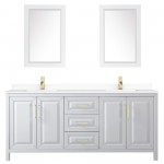 80 Inch Double Bathroom Vanity in White, White Cultured Marble Countertop, Sinks, 24 Inch Mirrors, Gold Trim