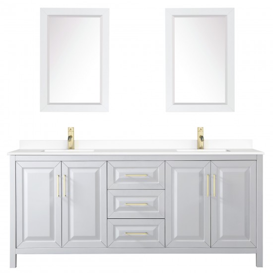 80 Inch Double Bathroom Vanity in White, White Cultured Marble Countertop, Sinks, 24 Inch Mirrors, Gold Trim