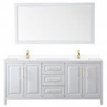 80 Inch Double Bathroom Vanity in White, White Cultured Marble Countertop, Sinks, 70 Inch Mirror, Gold Trim