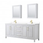 80 Inch Double Bathroom Vanity in White, White Cultured Marble Countertop, Sinks, Medicine Cabinets, Gold Trim