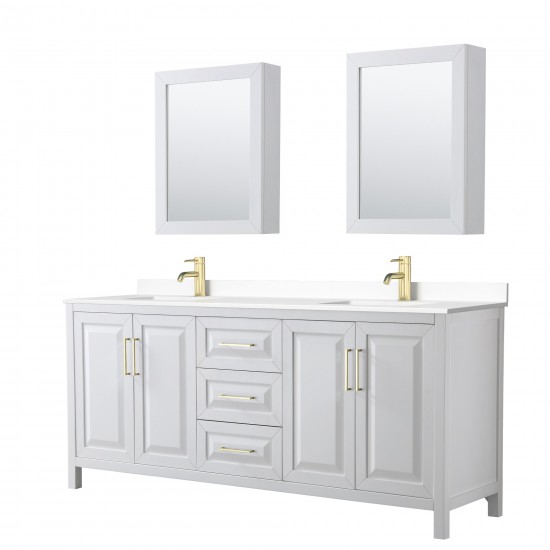 80 Inch Double Bathroom Vanity in White, White Cultured Marble Countertop, Sinks, Medicine Cabinets, Gold Trim