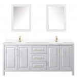 80 Inch Double Bathroom Vanity in White, White Cultured Marble Countertop, Sinks, Medicine Cabinets, Gold Trim