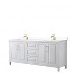 80 Inch Double Bathroom Vanity in White, White Cultured Marble Countertop, Sinks, Gold Trim