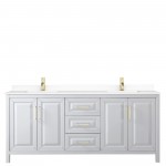 80 Inch Double Bathroom Vanity in White, White Cultured Marble Countertop, Sinks, Gold Trim