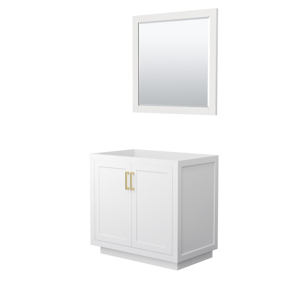 36 Inch Single Bathroom Vanity in White, No Countertop, No Sink, Gold Trim, 34 Inch Mirror