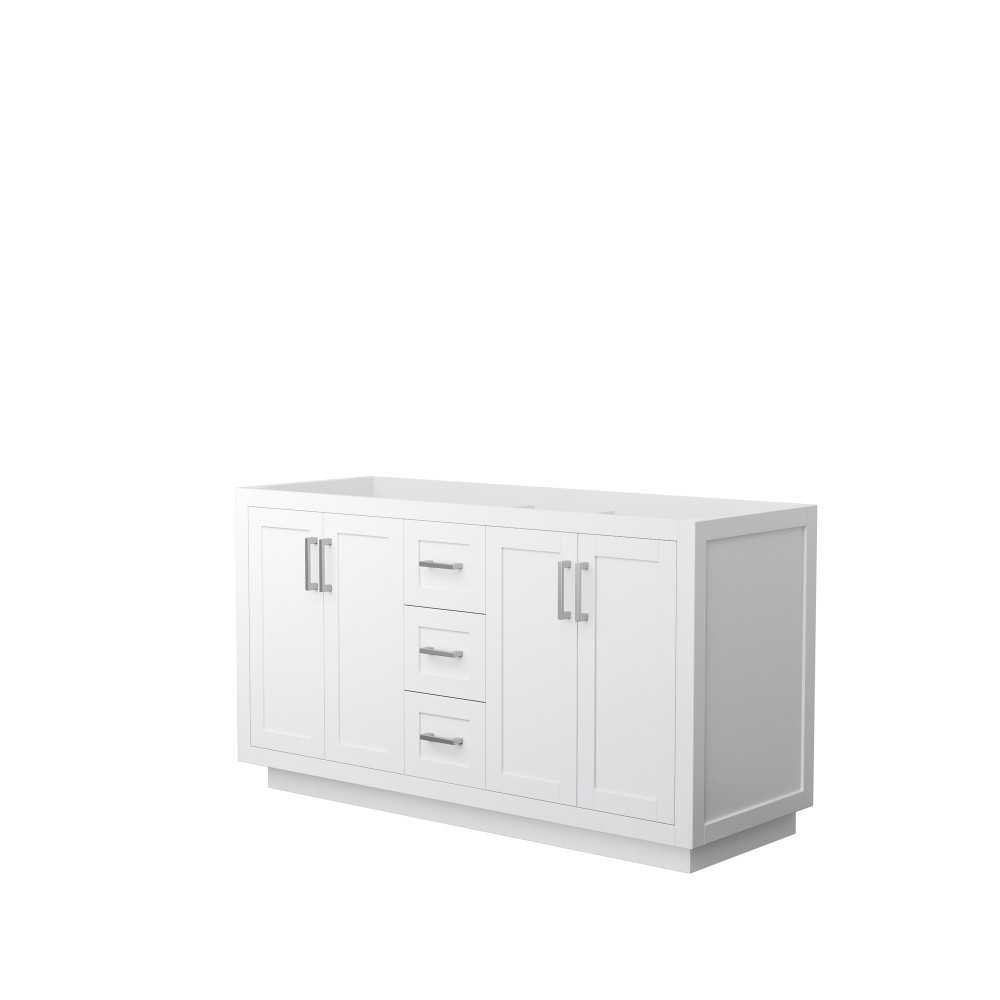 60 Inch Double Bathroom Vanity in White, No Countertop, No Sink, Nickel Trim