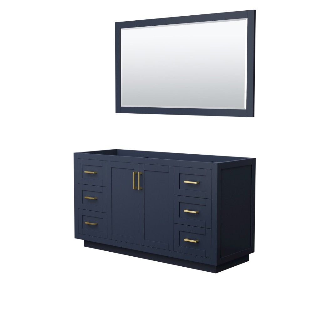 60 Inch Single Bathroom Vanity in Dark Blue, No Countertop, No Sink, Gold Trim, 58 Inch Mirror