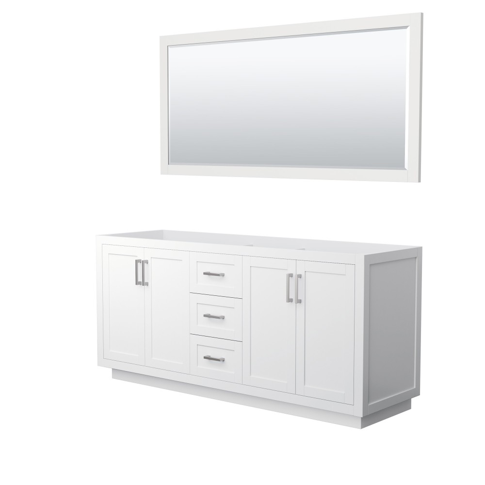 72 Inch Double Bathroom Vanity in White, No Countertop, No Sink, Nickel Trim, 70 Inch Mirror