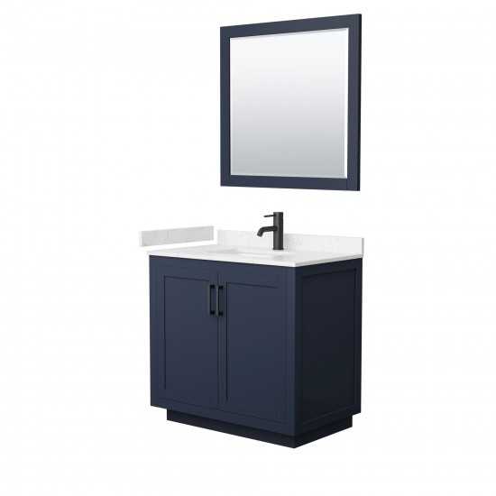 36 Inch Single Bathroom Vanity in Dark Blue, Light-Vein Carrara Cultured Marble Countertop, Sink, Black Trim, 34 Inch Mirror