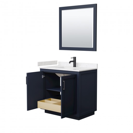 36 Inch Single Bathroom Vanity in Dark Blue, Light-Vein Carrara Cultured Marble Countertop, Sink, Black Trim, 34 Inch Mirror