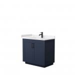 36 Inch Single Bathroom Vanity in Dark Blue, Light-Vein Carrara Cultured Marble Countertop, Sink, Black Trim