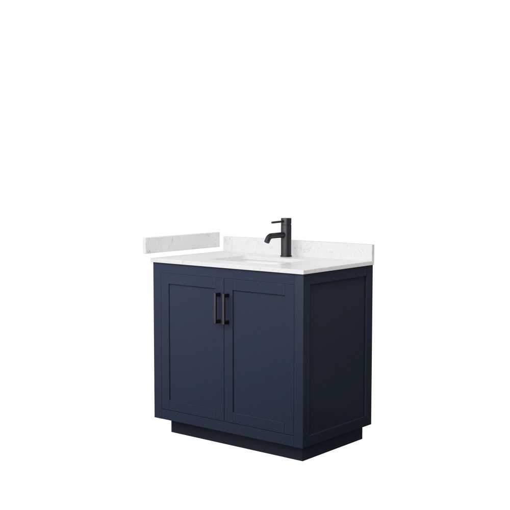 36 Inch Single Bathroom Vanity in Dark Blue, Light-Vein Carrara Cultured Marble Countertop, Sink, Black Trim 36 Inch Single Bathroom Vanity in Dark Blue, Light-Vein Carrara Cultured Marble Countertop, Sink, Black Trim