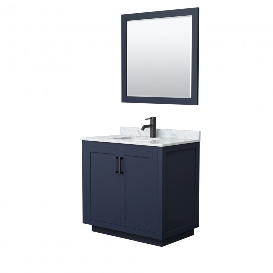 36 Inch Single Bathroom Vanity in Dark Blue, White Carrara Marble Countertop, Sink, Black Trim, 34 Inch Mirror