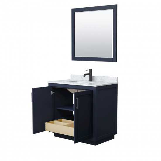 36 Inch Single Bathroom Vanity in Dark Blue, White Carrara Marble Countertop, Sink, Black Trim, 34 Inch Mirror