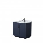 36 Inch Single Bathroom Vanity in Dark Blue, White Carrara Marble Countertop, Sink, Black Trim